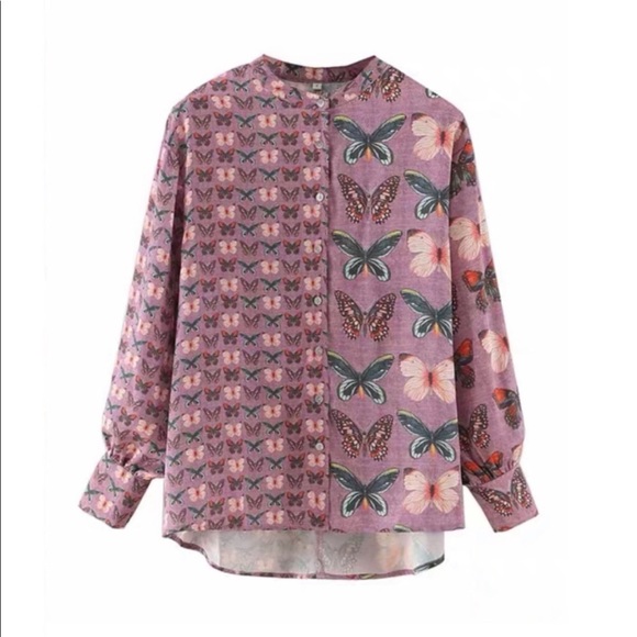 Purple Asymmetrical Butterfly Print Botton Up Blouse - Picture 6 of 8